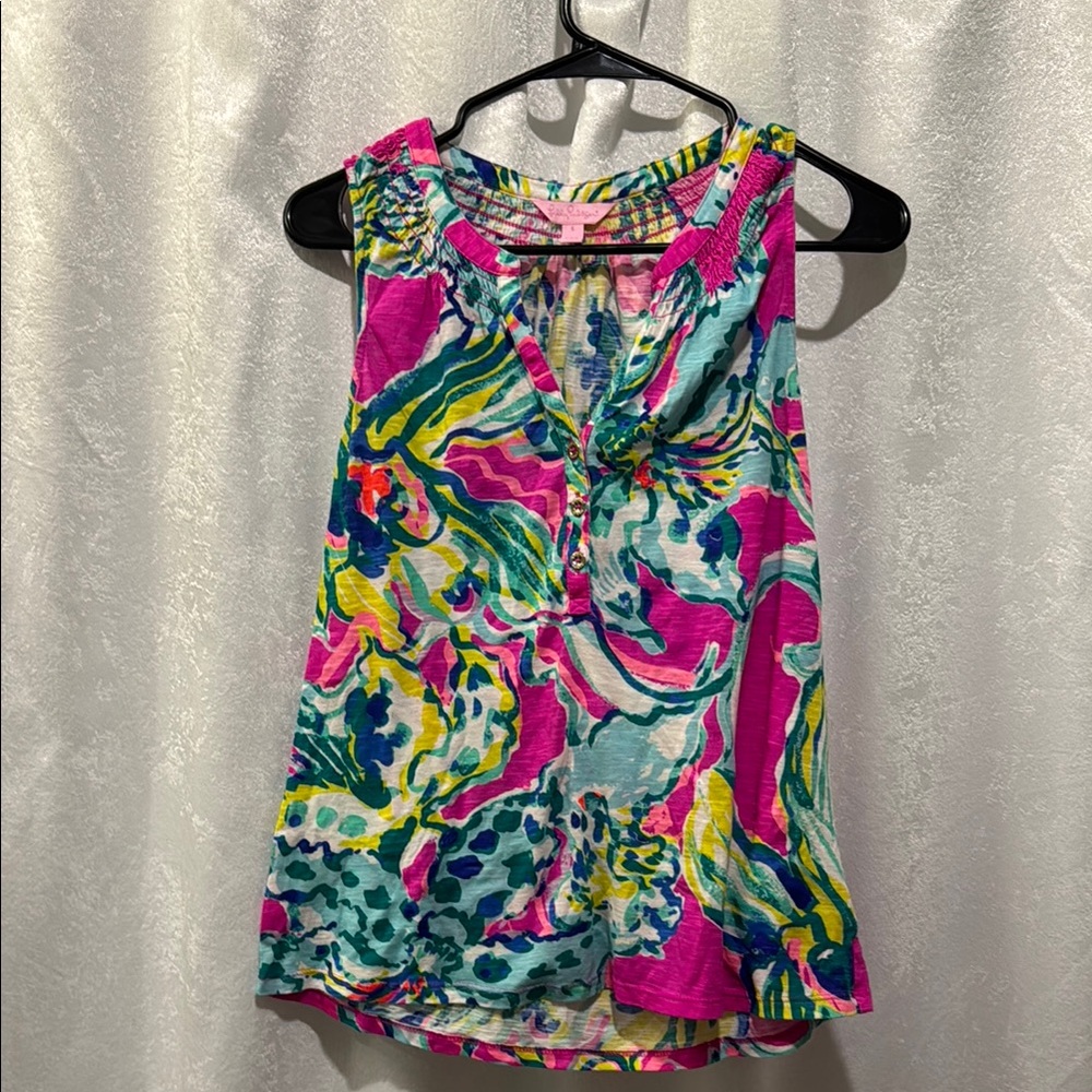 Lilly Pulitzer Pink and Blue Asymmetrical Graphic Blouse